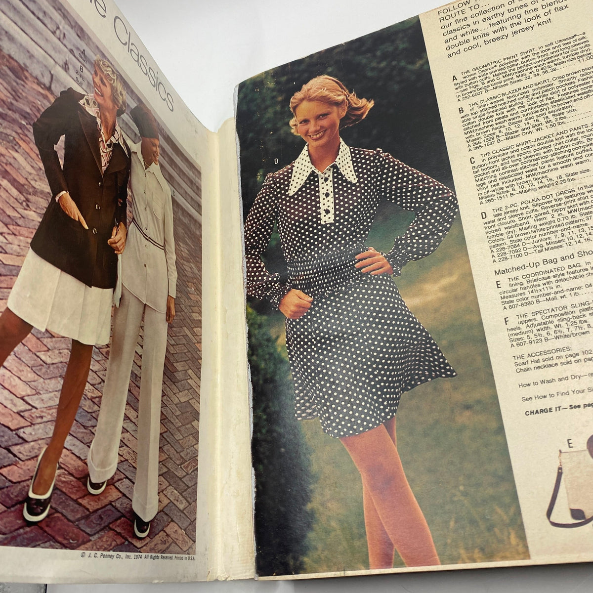 Interior page of the 1974 JCPenney Spring and Summer Catalog featuring a woman in a trendy black and white polka dot dress, demonstrating classic summer fashion.