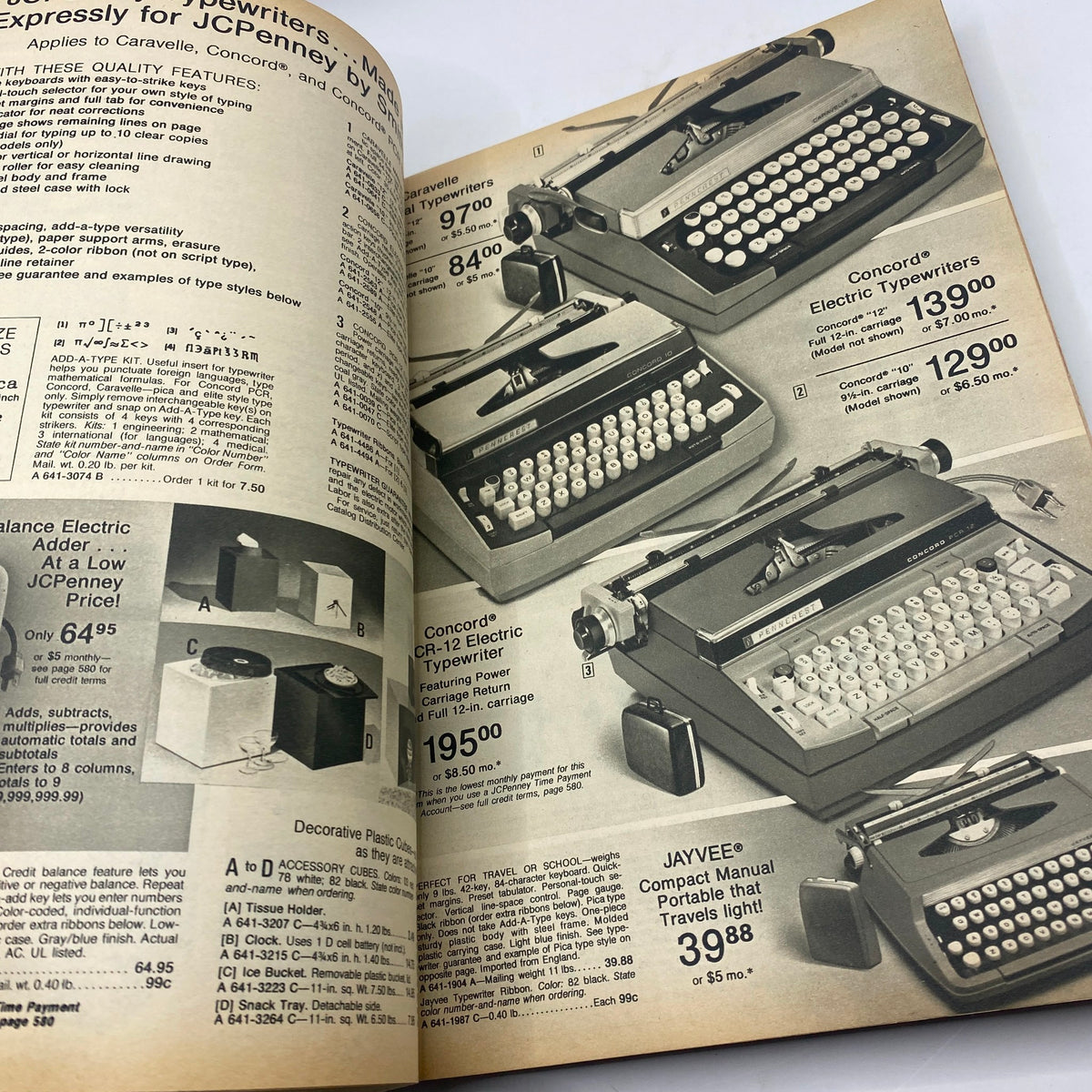 1974 JCPenney Spring and Summer Catalog showcasing electric typewriters by Concord and Jaycee with price listings.