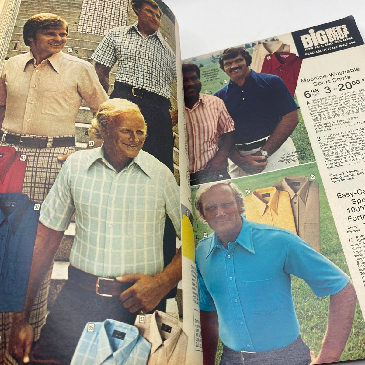 1974 JCPenney Spring and Summer Catalog displaying a variety of men's machine-washable sport shirts in multiple colors and styles.