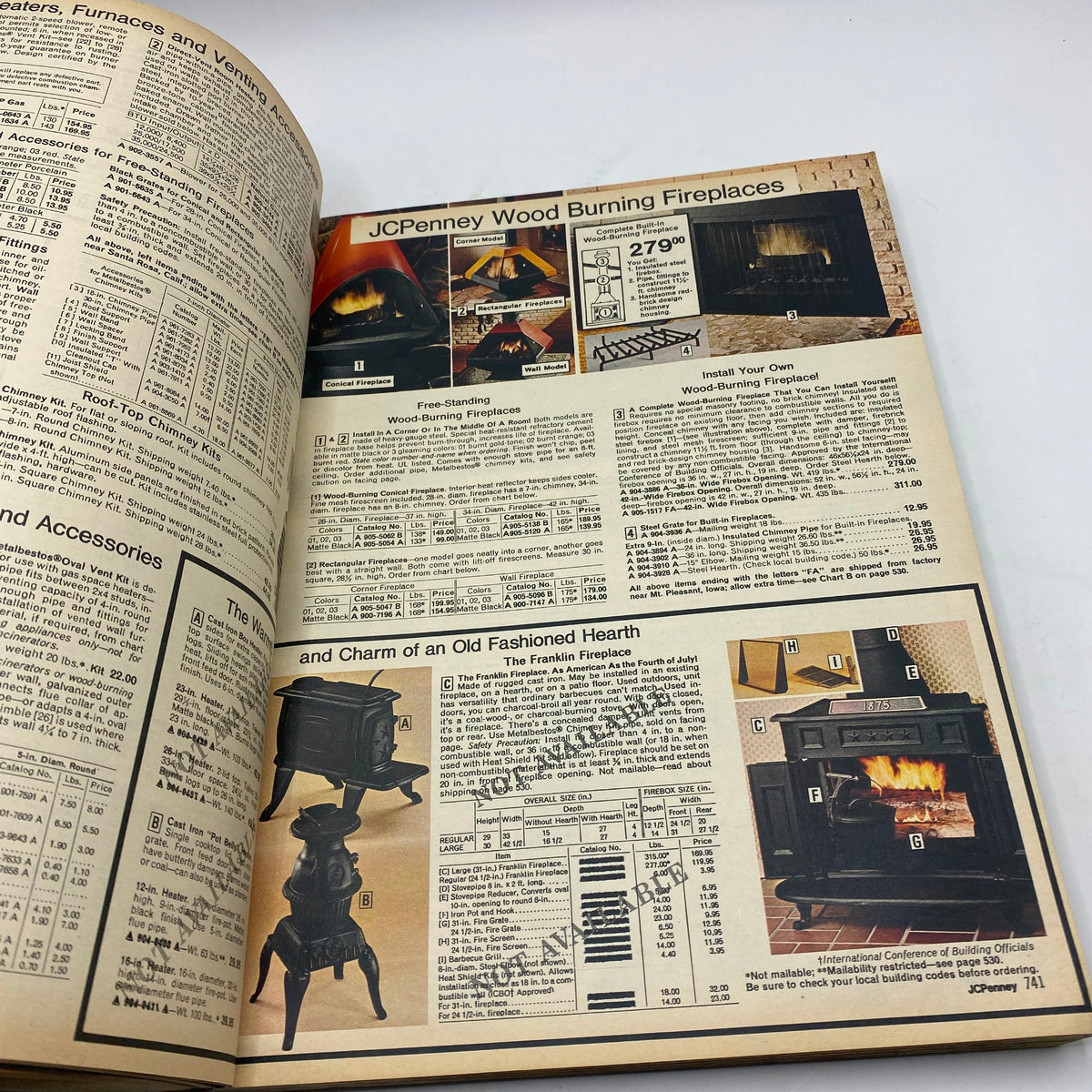1974 JCPenney Spring and Summer Catalog presenting wood burning fireplaces and accessories with detailed descriptions and pricing.