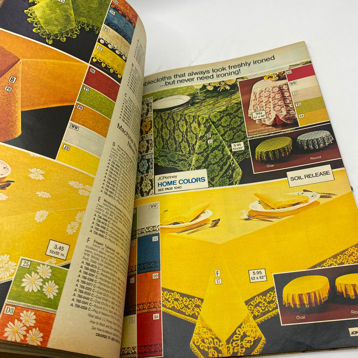 1974 JCPenney Spring and Summer Catalog showcasing colorful tablecloths and home décor highlights that always look freshly ironed.