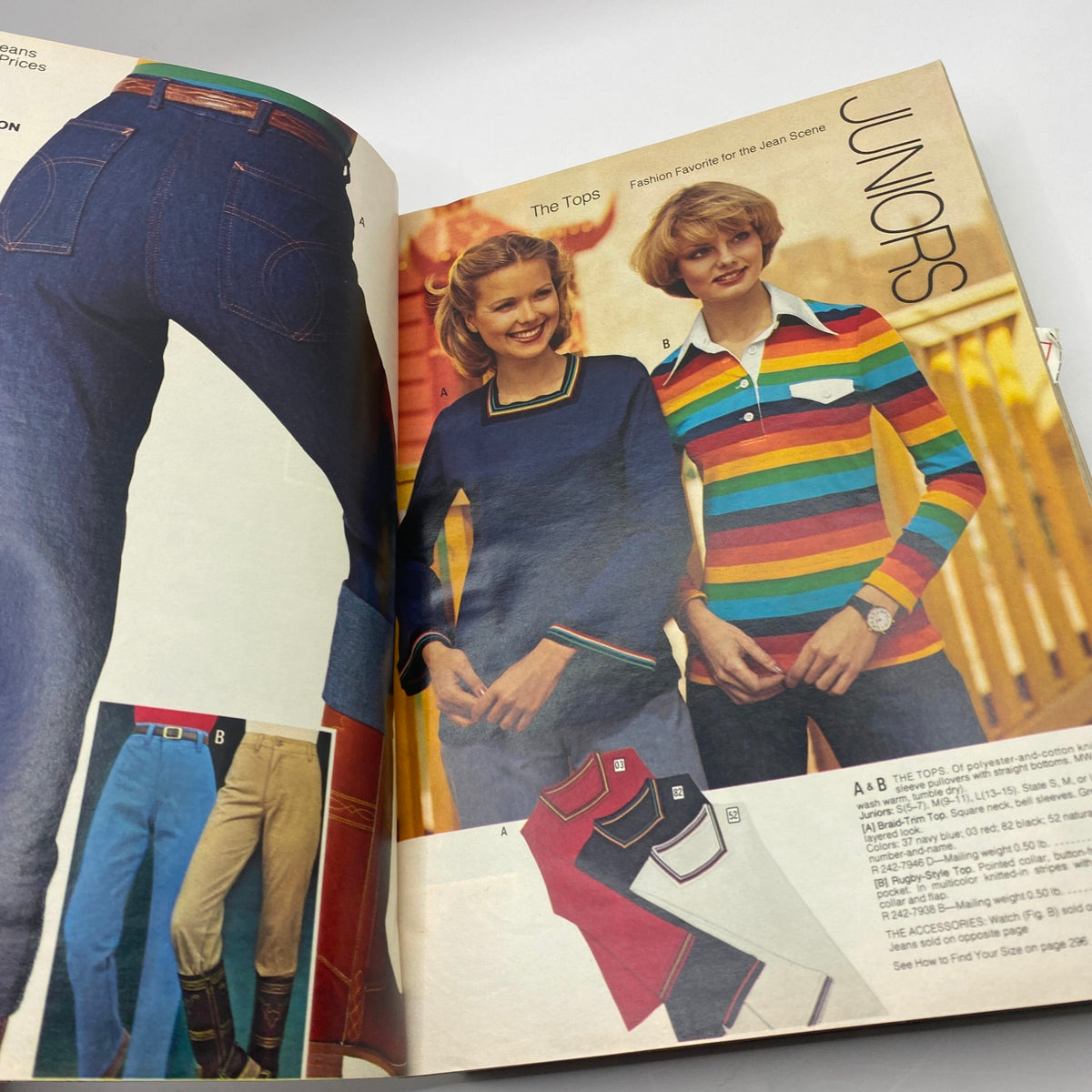 Inside page of the 1977 JCPenney Fall and Winter Catalog displaying colorful juniors' tops and jeans, highlighting fashion styles from the 1970s.