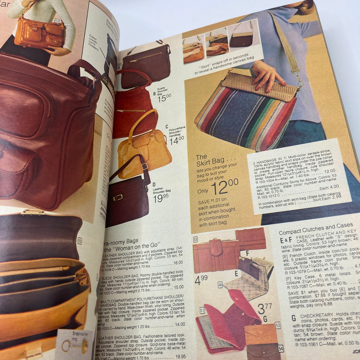 1977 JCPenney Fall and Winter Catalog highlighting various bags including shoulder bags and clutches, showcasing trendy accessories from the 70s.