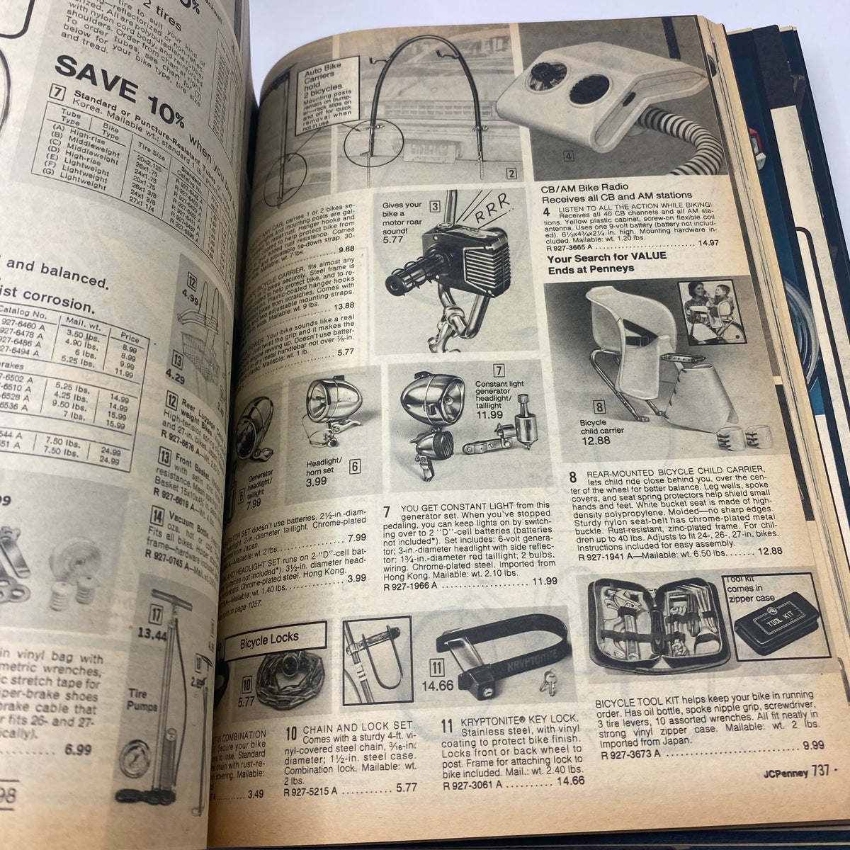 1977 JCPenney Fall and Winter Catalog featuring a variety of household items including an AM/FM bike radio and a bicycle lock.