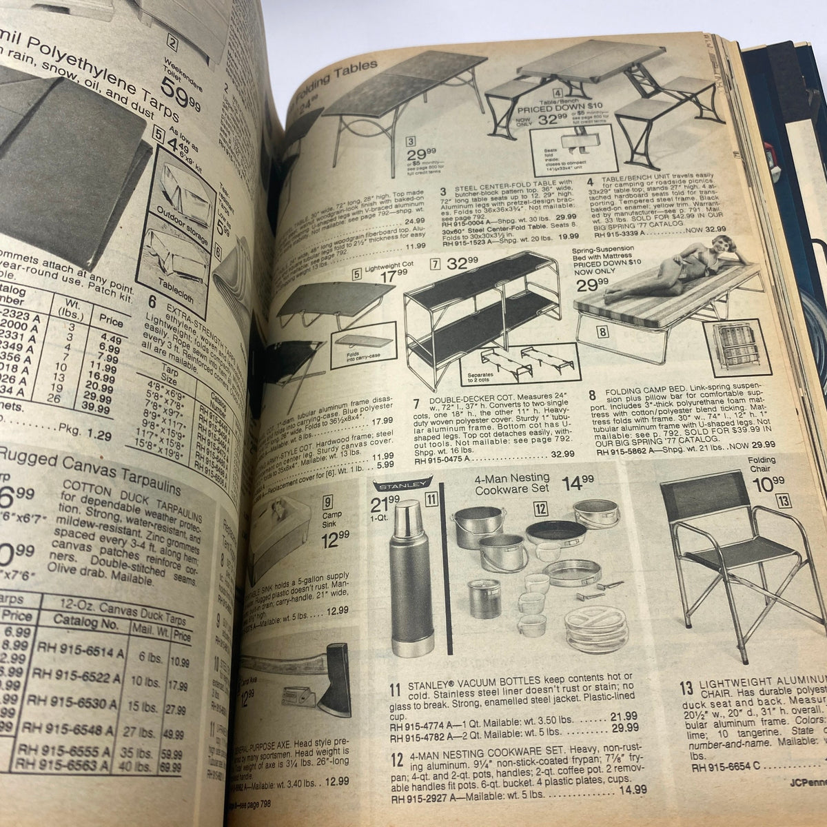 1977 JCPenney Fall and Winter Catalog displaying camping gear including folding tables and nesting cookware for outdoor activities.