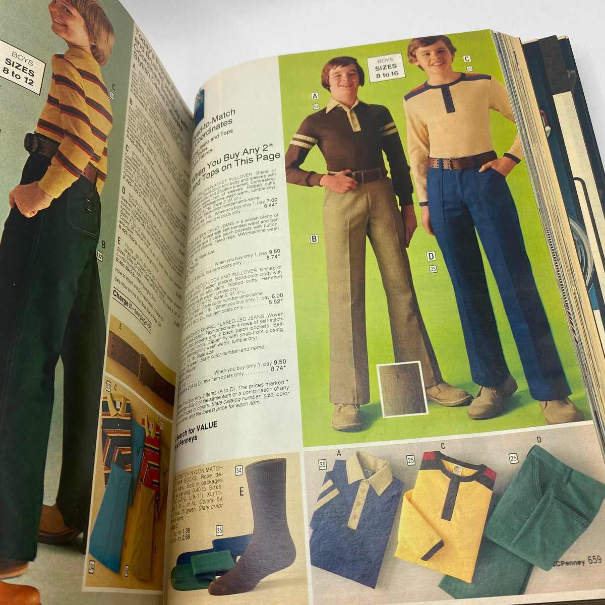 1977 JCPenney Fall and Winter Catalog highlighting boys in stylish mix-and-match outfits including casual tops and trousers.