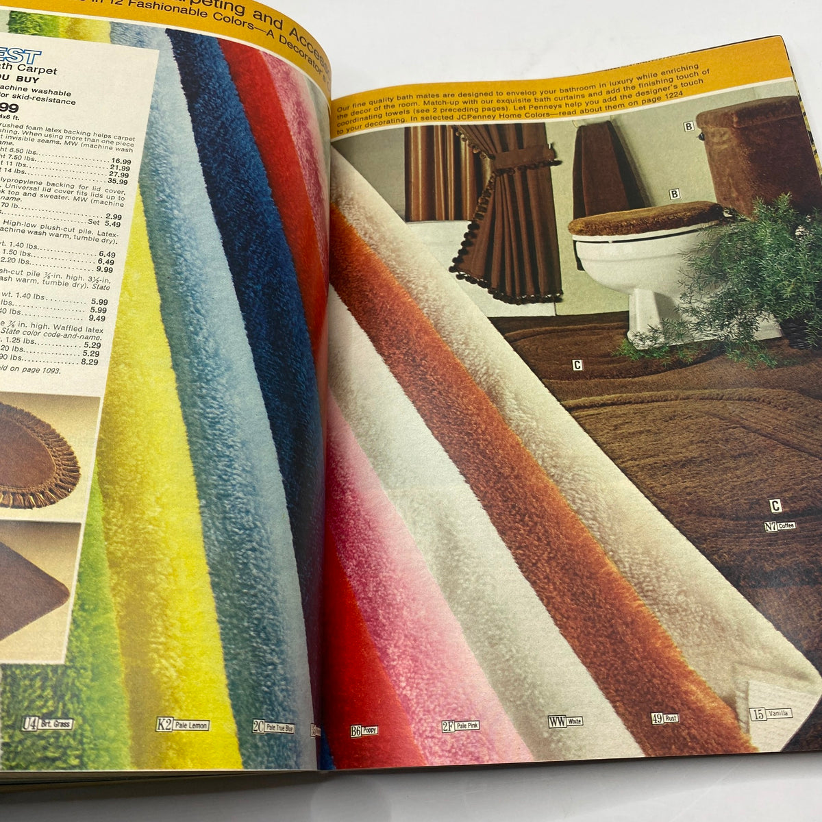 Image from the 1977 JCPenney Fall and Winter Catalog showcasing a colorful display of bathroom rugs designed for comfort and style.