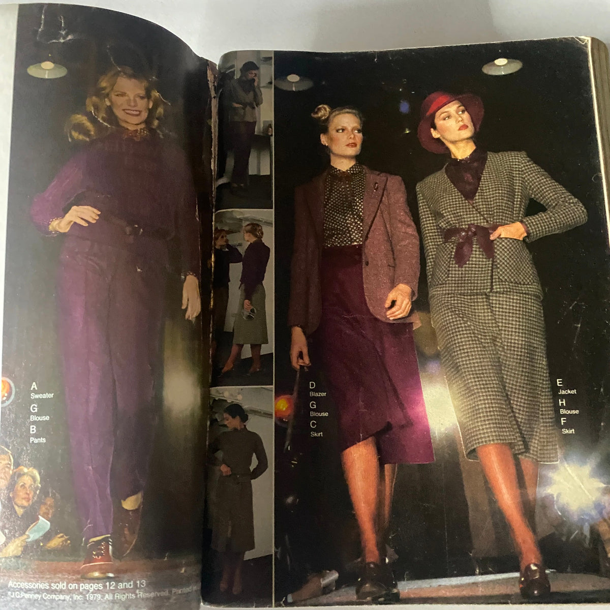 Two models showcasing fall and winter outfits from the 1979 JCPenney Fall and Winter Softened Dressing Catalog, highlighting fashionable looks.
