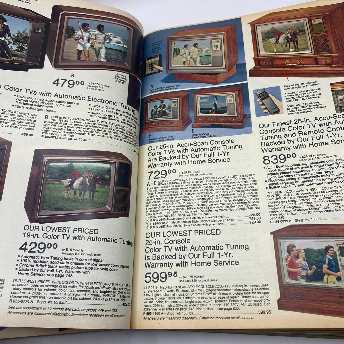 Page from the 1979 JCPenney Fall and Winter Softened Dressing Catalog showcasing color televisions with automatic tuning options and pricing details for various models.