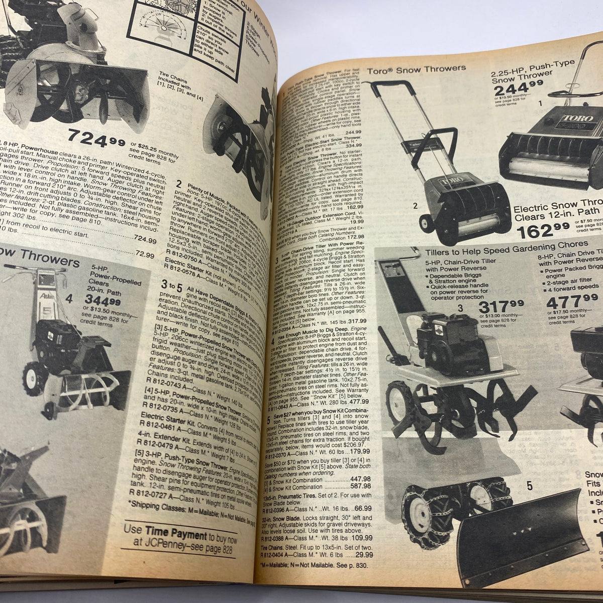 Interior page from the 1979 JCPenney Fall and Winter Softened Dressing Catalog displaying snow throwers and gardening tools, along with pricing and features.