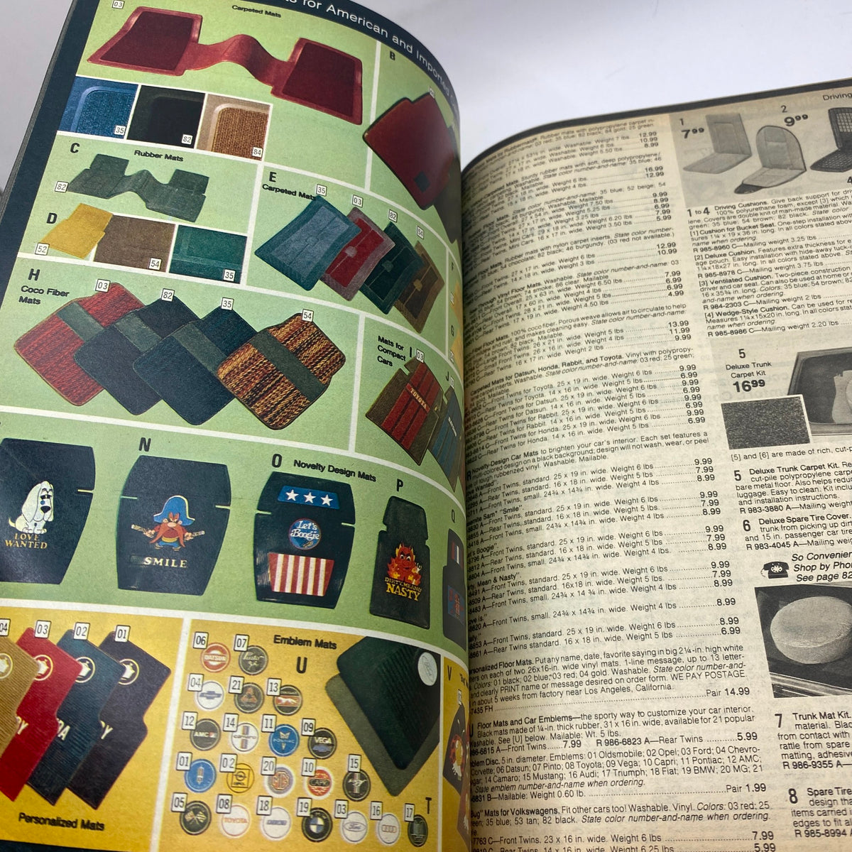 Page from the 1979 JCPenney Fall and Winter Softened Dressing Catalog featuring personalized mats and their designs, along with prices for various mat styles.