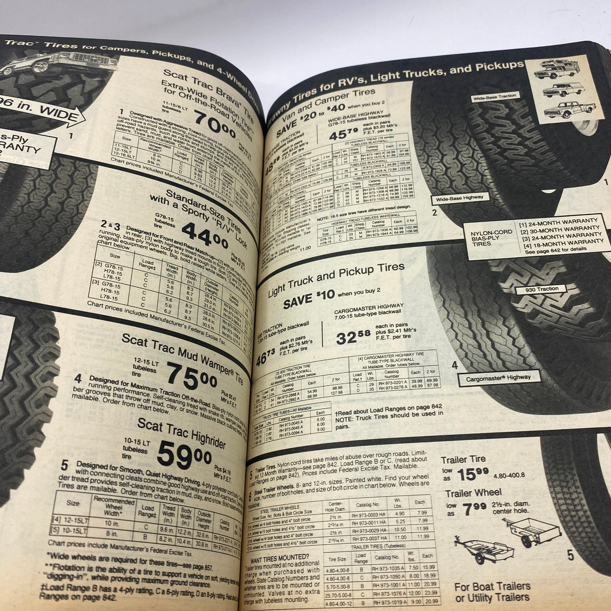 Section of the 1979 JCPenney Fall and Winter Softened Dressing Catalog detailing tire options for RVs, light trucks, and pickups, including pricing and specifications.