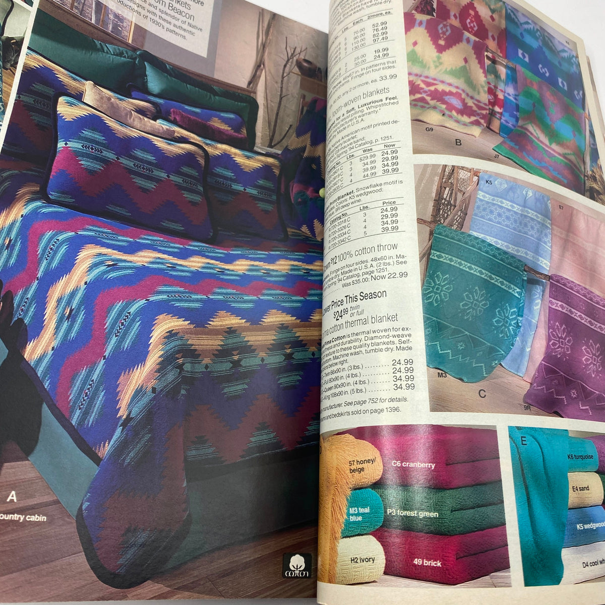 1994 JCPenney Fall and Winter Intarsia Sweater Catalog displaying a vibrant collection of blankets and coordinating bedroom accessories in various colors.