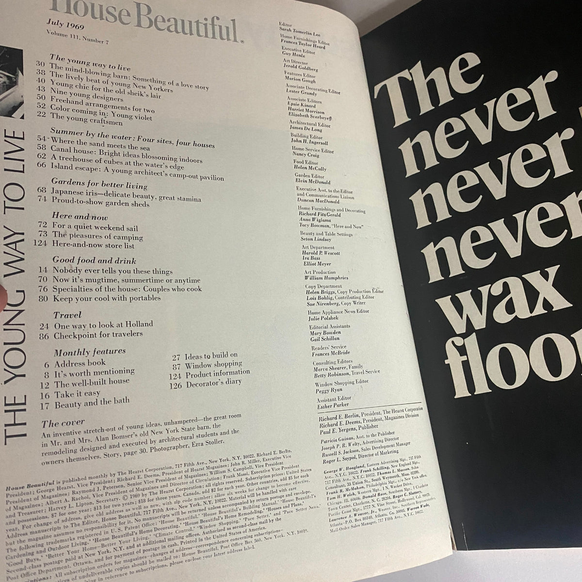 Inside page of VTG House Beautiful Magazine July 1969 highlighting the table of contents with articles on 1960s design and lifestyle.