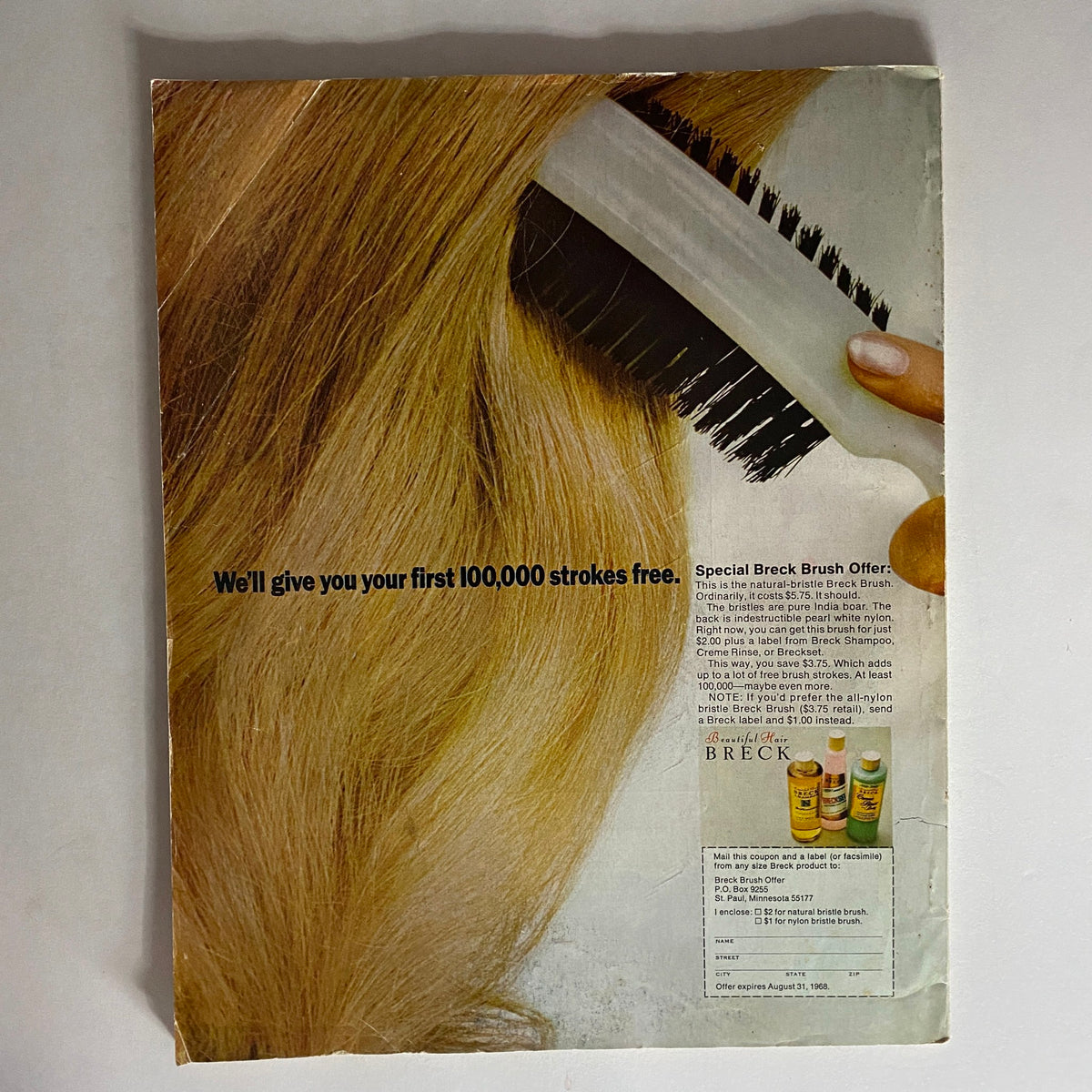 Back cover of VTG American Home Magazine May 1968 advertising Breck hair products, highlighting hair care offers and beauty tips.