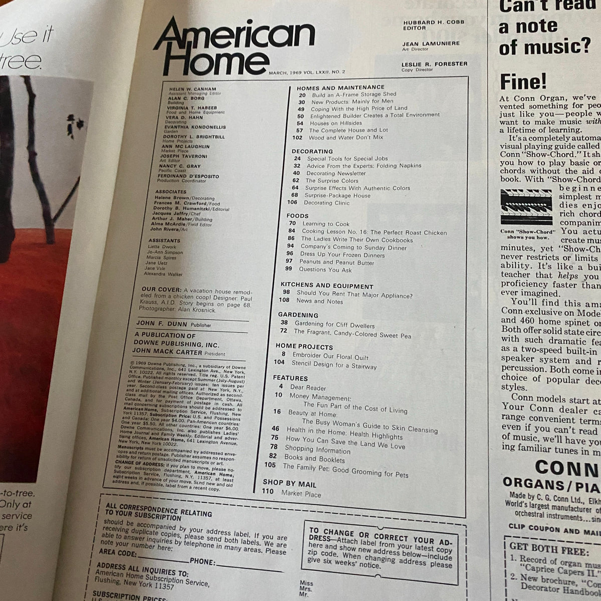 Inside page of VTG American Home Magazine March 1969 showcasing the editorial team and contents, featuring home design ideas and practical tips.