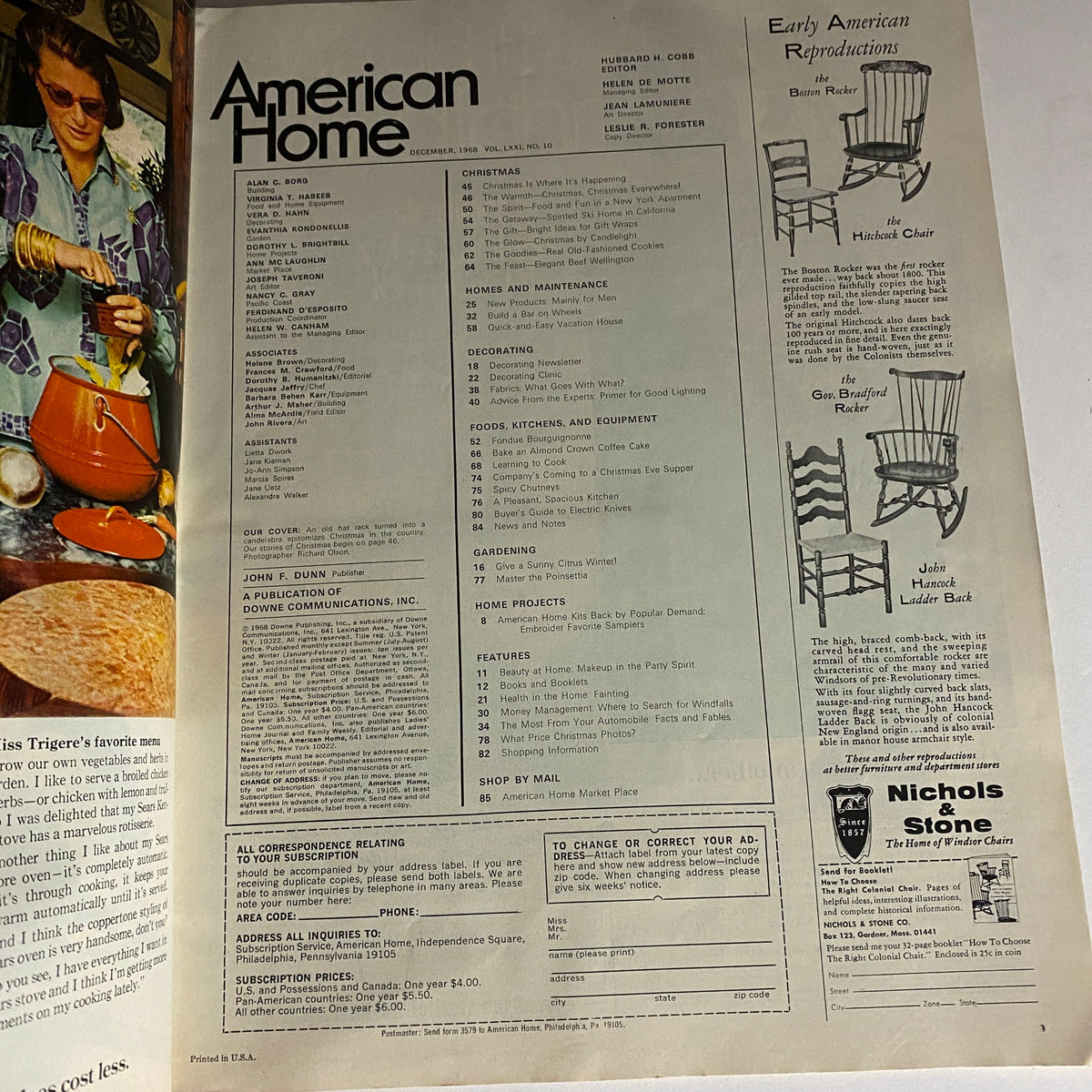 Interior page of VTG American Home Magazine December 1968 displaying contents and featured articles related to Christmas festivities and holiday recipes.