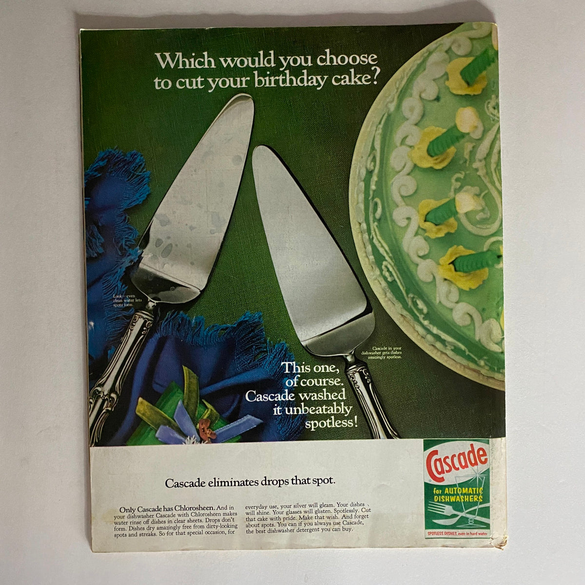 Vintage advertisement from American Home Magazine June 1968 featuring cake cutting tools and a Cascade dishwasher detergent promotion, highlighting their cleaning effectiveness.