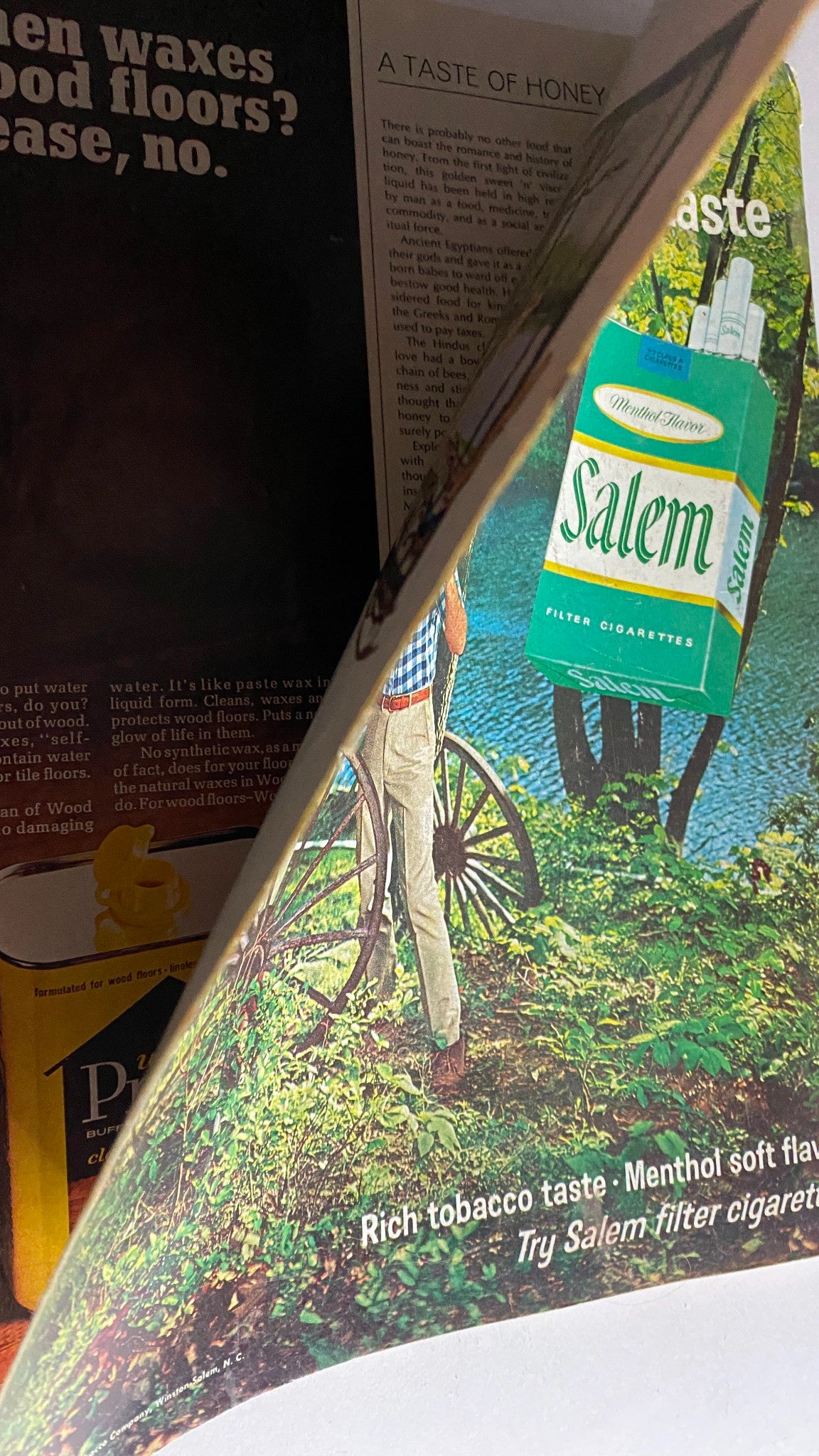 Close-up of a page from VTG American Home Magazine Summer 1967, displaying an advertisement for Salem filter cigarettes with a rustic background and rich tobacco taste tagline.
