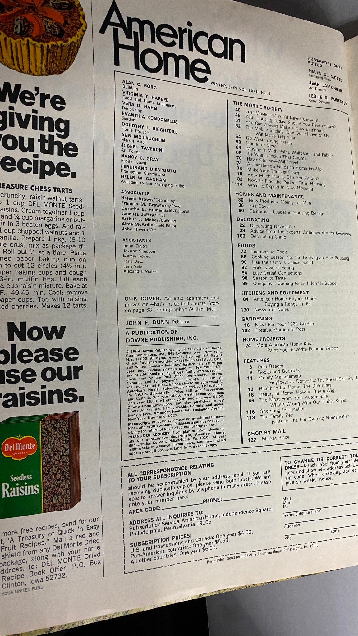 Inside page of VTG American Home Magazine Winter 1969, displaying contents and editorial details related to home design and decorating.