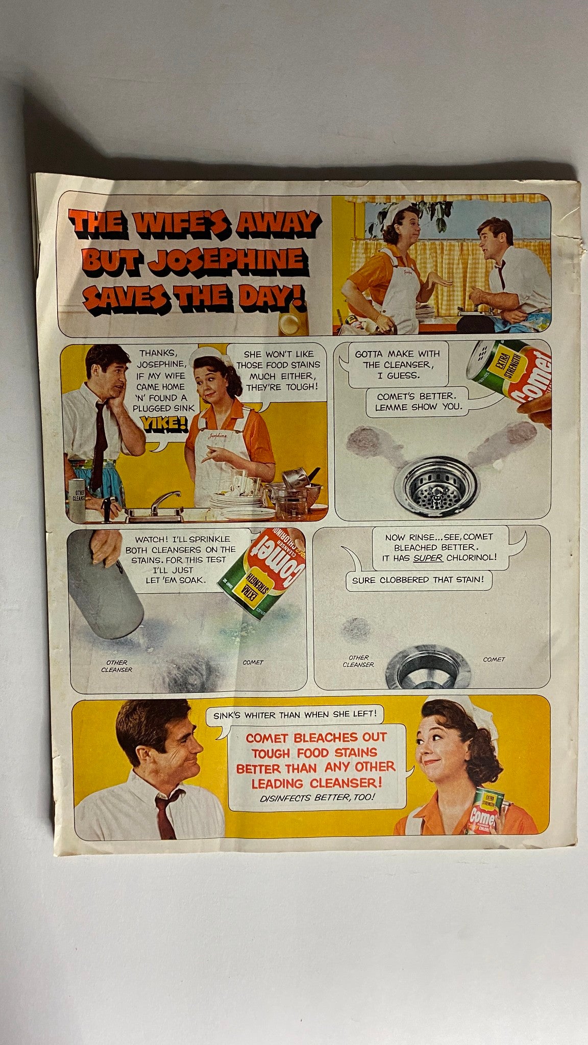 Vintage American Home Magazine March 1968 ad featuring a humorous scene titled 'The Wife's Away But Josephine Saves the Day!' showcasing characters discussing cleaning tips with Comet cleanser.