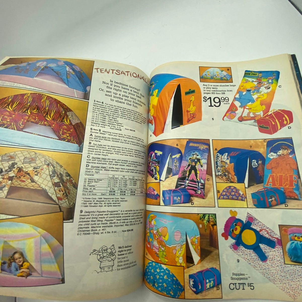 1987 Sears Wish Book for Kids America's Greatest Toy Catalog featuring tents and slumber bags with colorful designs, perfect for kids' playtime and sleepovers.