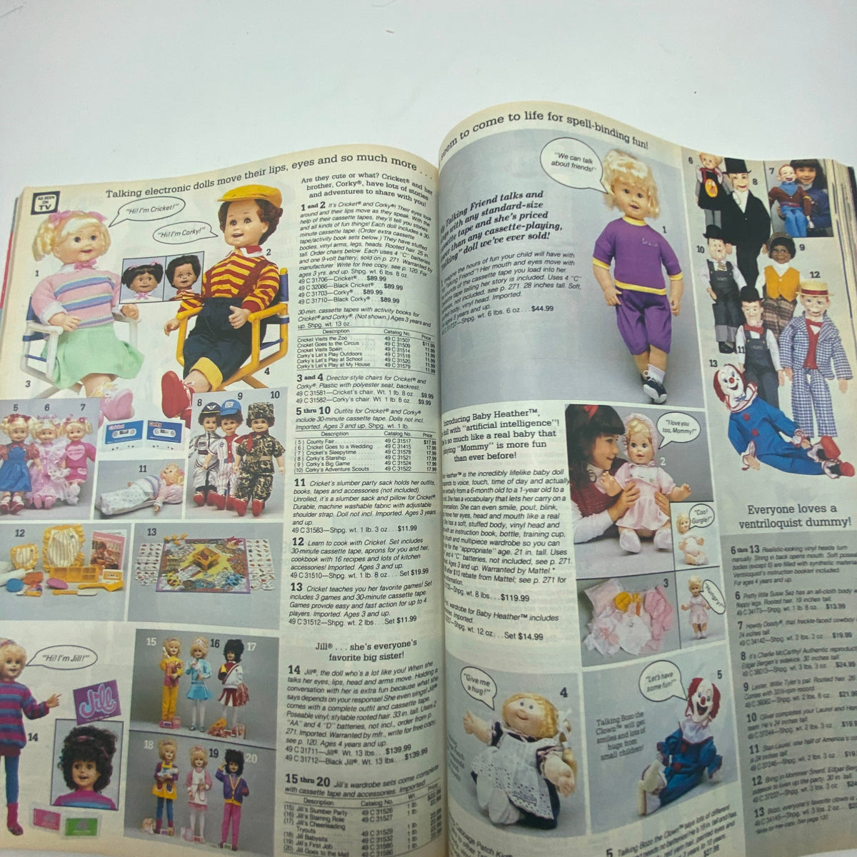 1987 Sears Wish Book for Kids highlighting talking electronic dolls and ventriloquist dummies, representing popular toys from the late 1980s.