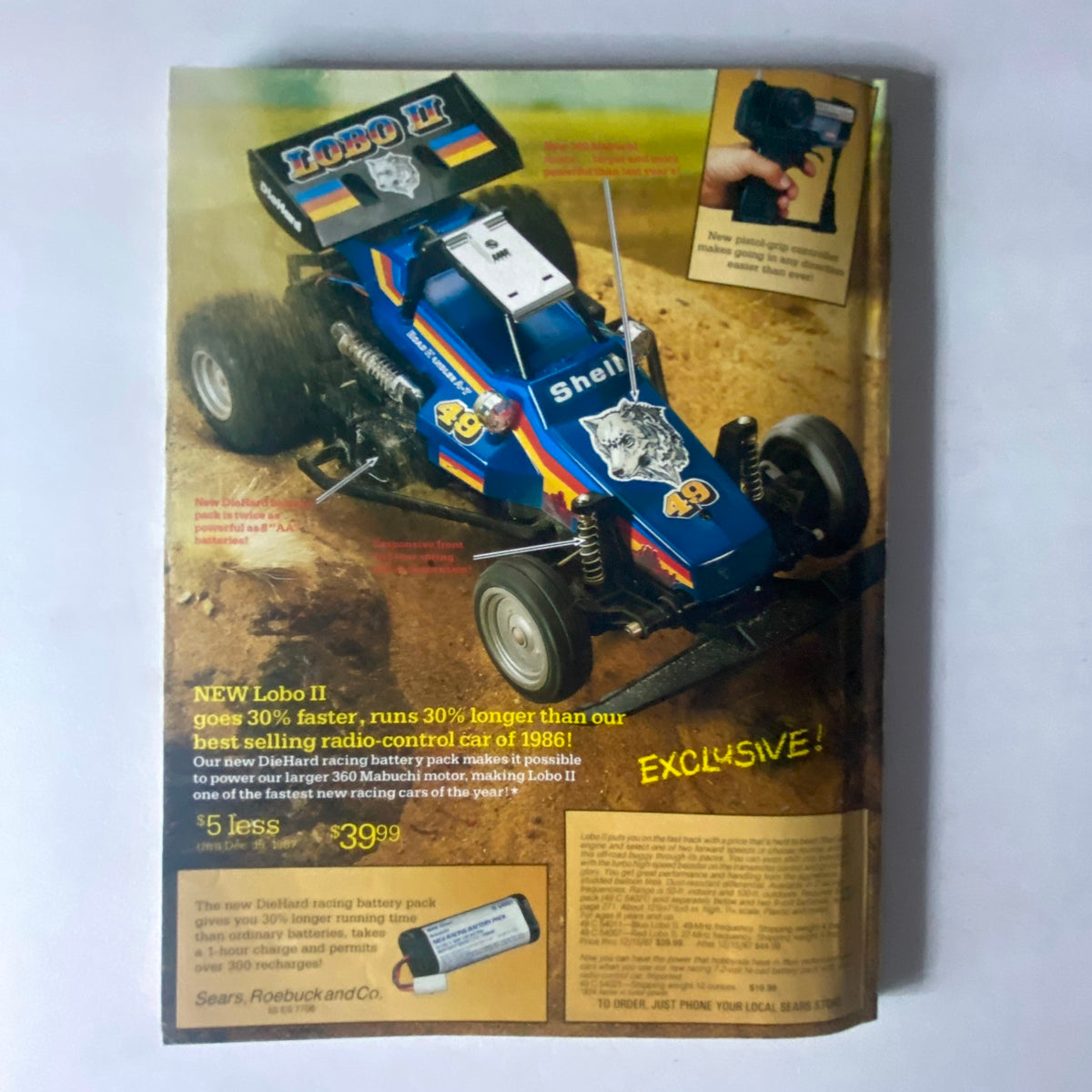 Page from the 1987 Sears Wish Book for Kids displaying the Lobo II remote control car, emphasizing iconic toys featured in America's Greatest Toy Catalog.