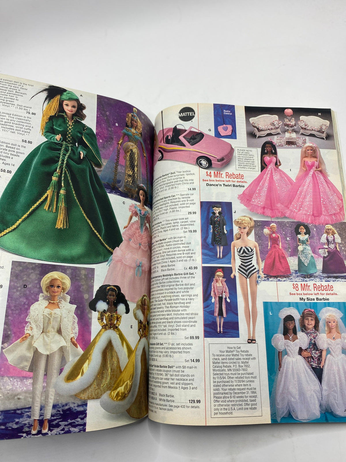 1994 JCPenney Christmas Gifts Under $30 Catalog showcasing various Barbie dolls and accessories including a green dress Barbie, multiple themed Barbies, and a pink convertible car.