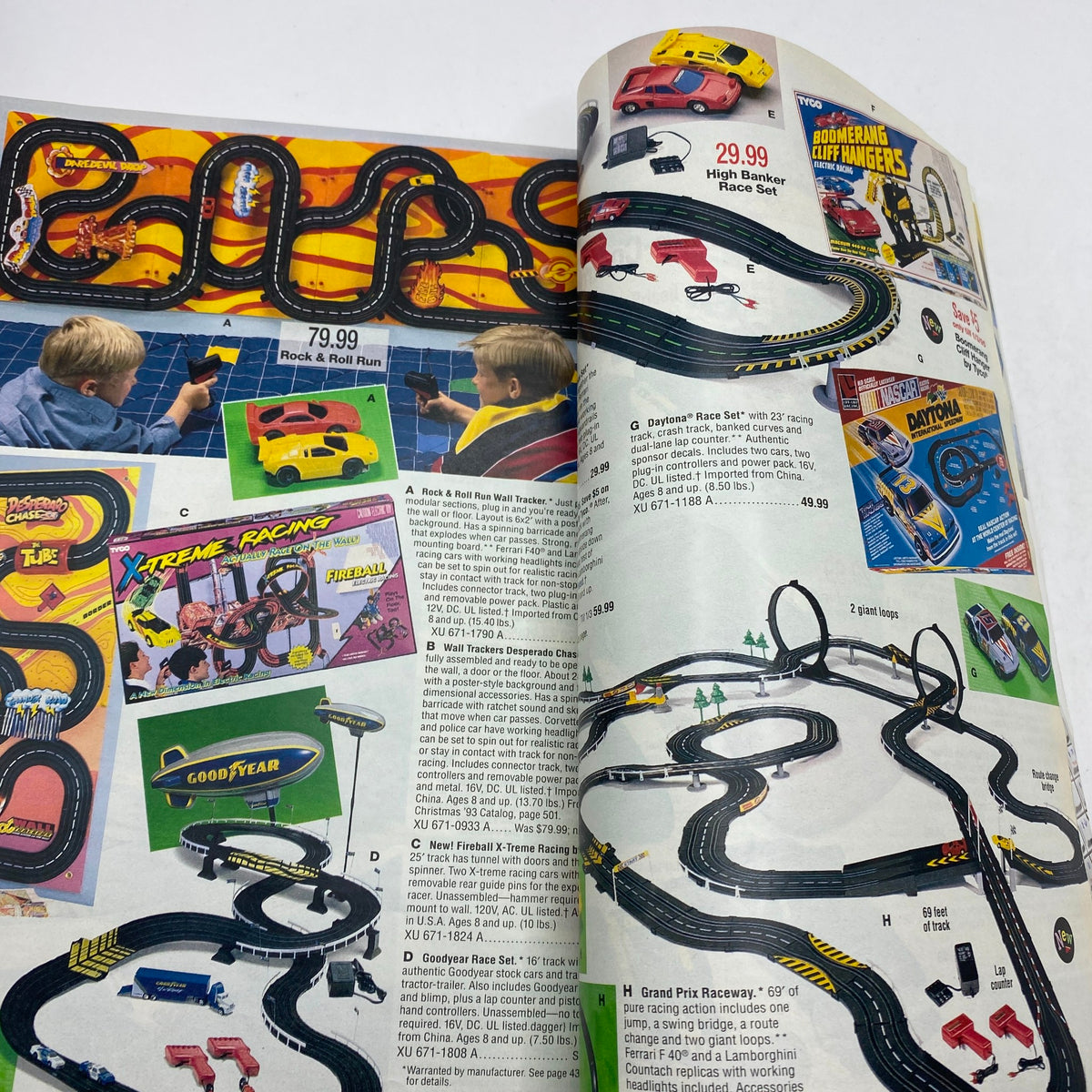 1994 JCPenney Christmas Gifts Under $30 Catalog advertising a variety of slot car race sets, race tracks, and additional toy cars for exciting playtime.