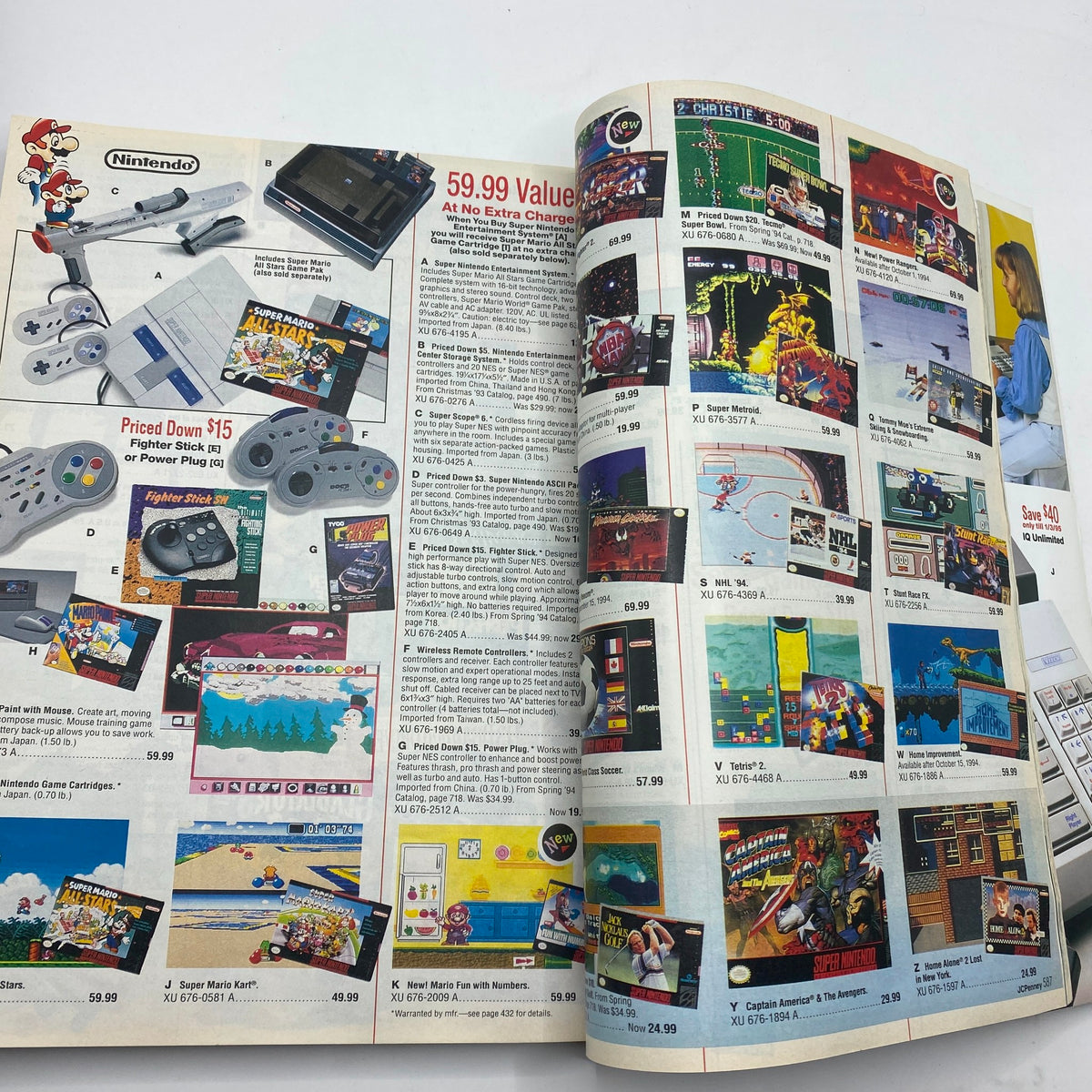 A page from the 1994 JCPenney Christmas Gifts Under $30 Catalog displaying Nintendo gaming consoles and games, popular toys from the 1990s for holiday gifting.