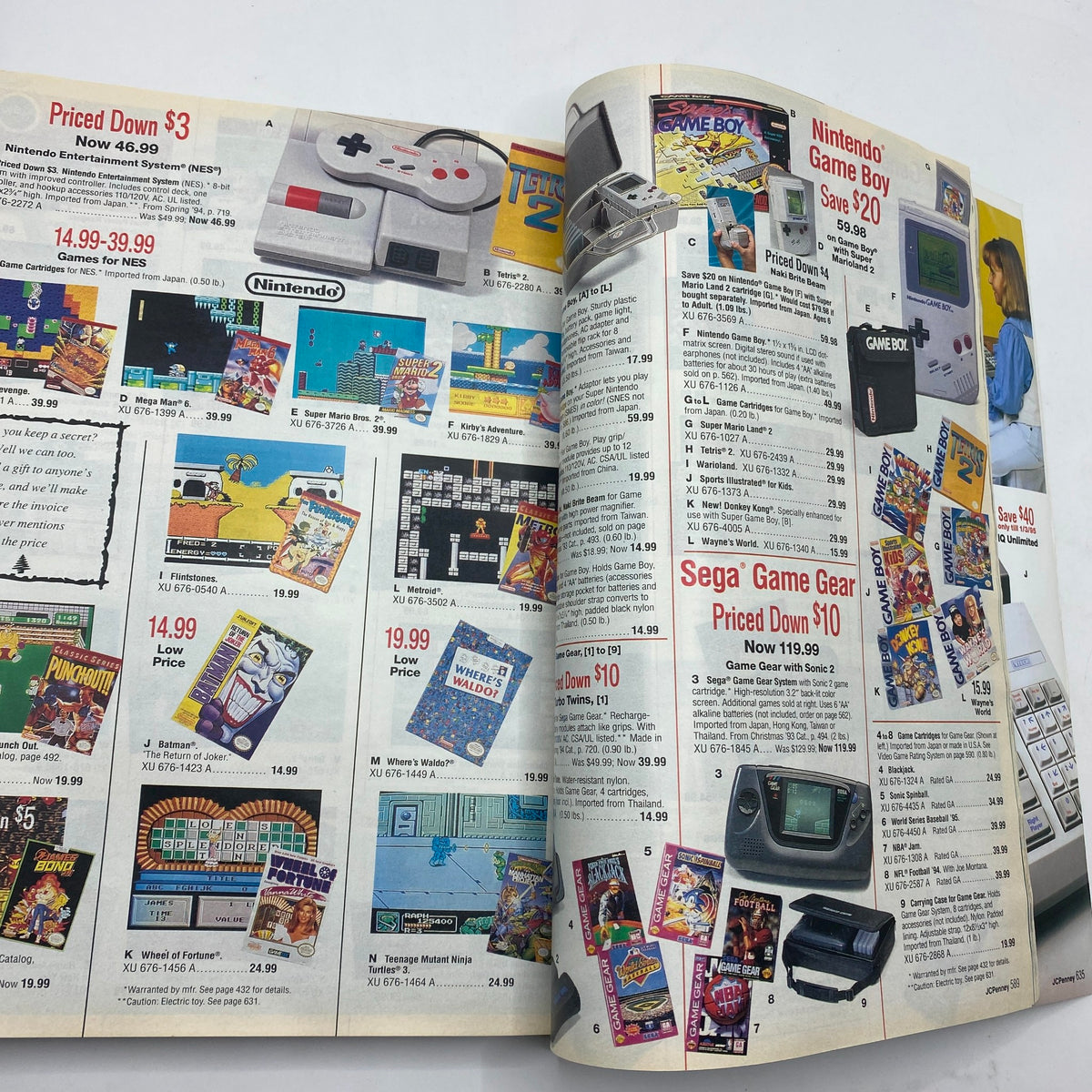 A page from the 1994 JCPenney Christmas Gifts Under $30 Catalog containing various Nintendo games and accessories, showcasing retro gaming gifts for the holiday season.