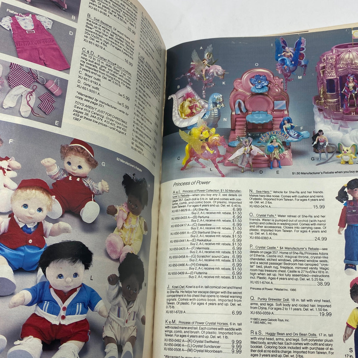 1986 JCPenney Christmas NFL for The Kids Catalog displaying a selection of dolls including the Princess of Power toys, with detailed pricing information.