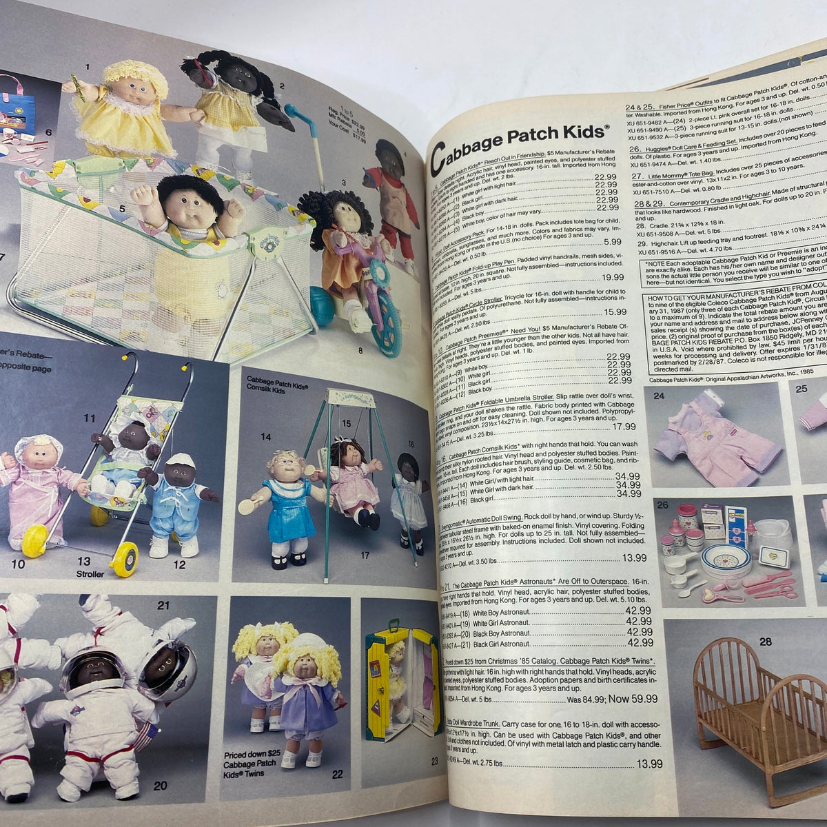 1986 JCPenney Christmas NFL for The Kids Catalog featuring Cabbage Patch Kids dolls and accessories, showcasing colorful items and their prices.