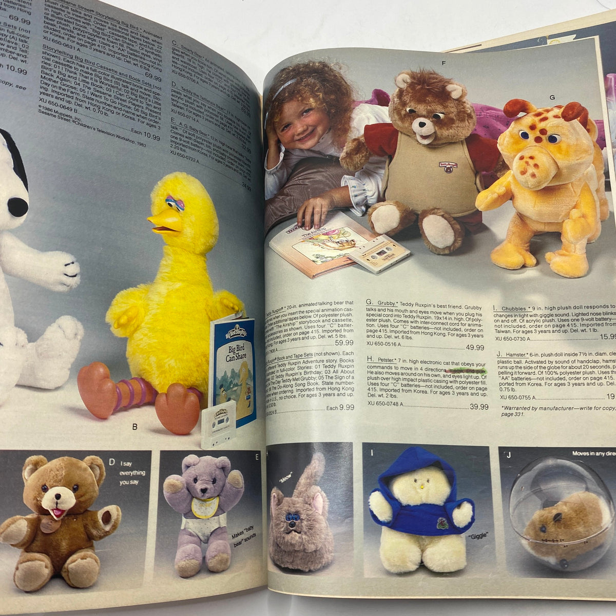 1986 JCPenney Christmas NFL for The Kids Catalog highlighting plush toys including popular characters, with images and prices listed.
