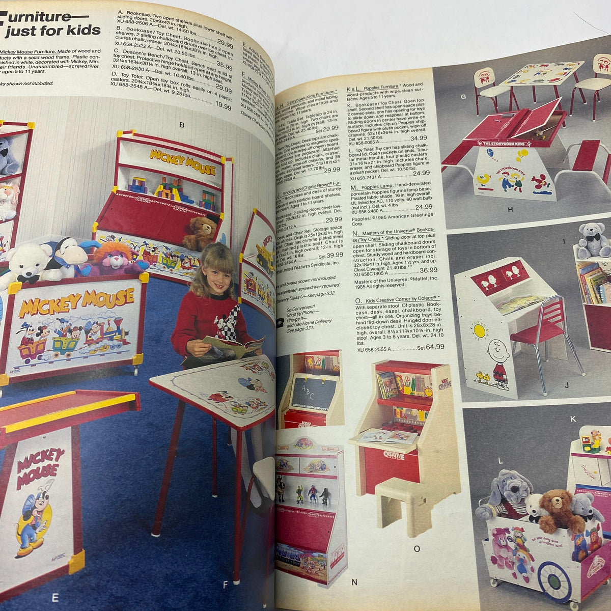 1986 JCPenney Christmas NFL for The Kids Catalog displaying children's furniture featuring themed designs such as Mickey Mouse, with price details included.