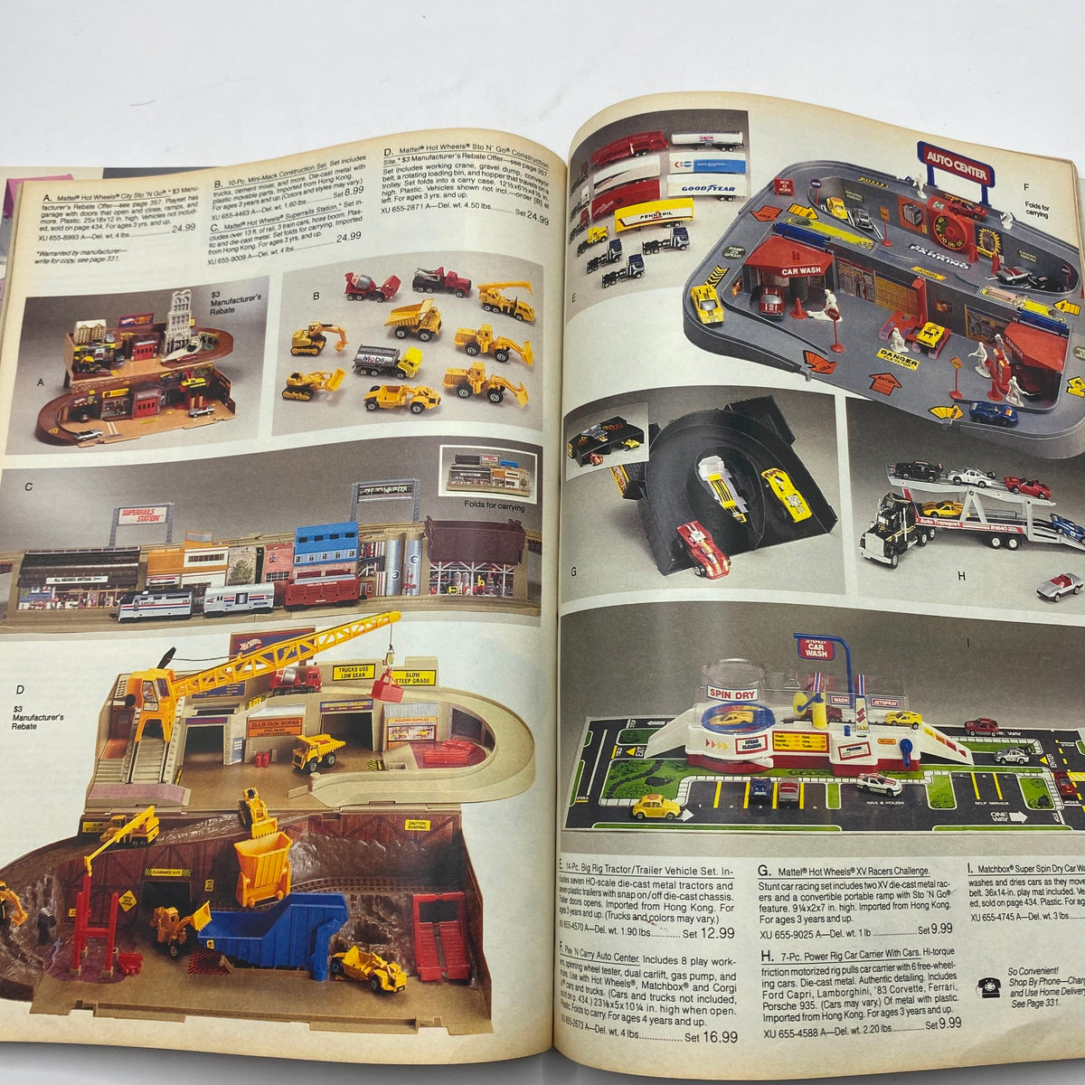 1986 JCPenney Christmas NFL for The Kids Catalog including scenes of toy car sets and playsets in a vibrant layout.