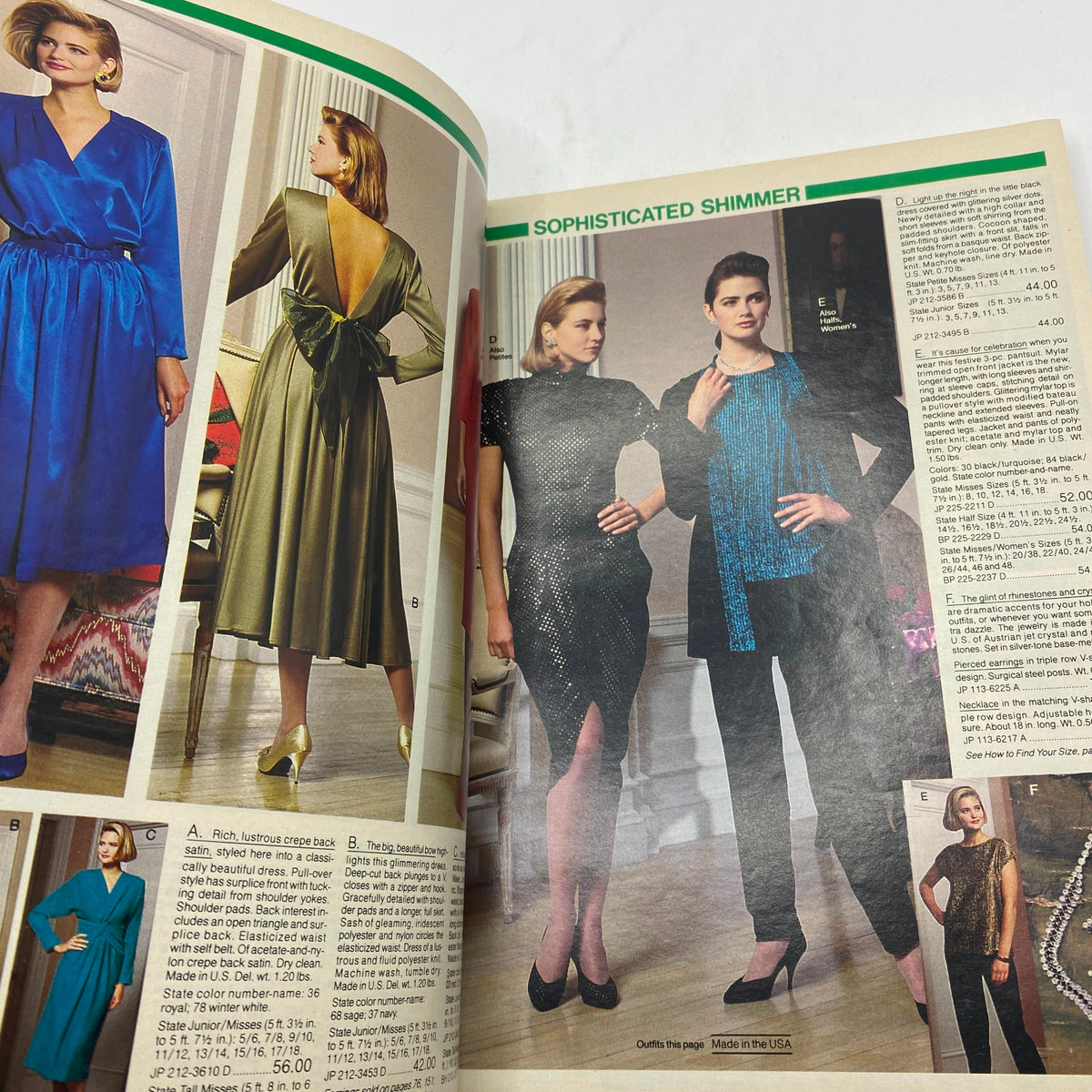 Interior page of the 1987 JCPenney Christmas Sophisticated Shimmer Catalog displaying elegant holiday apparel including dresses and formal wear styled for festive occasions.