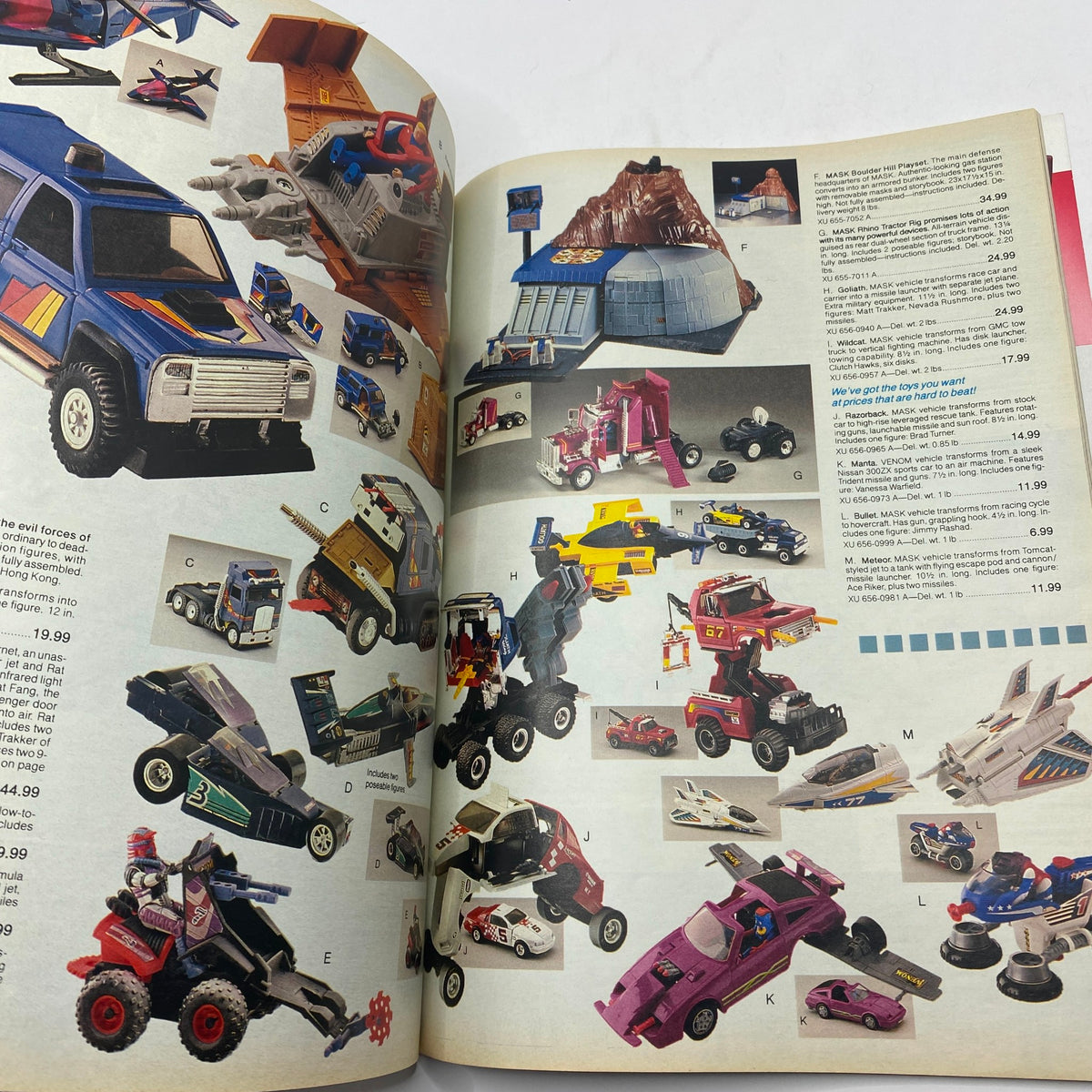 Page from the 1987 JCPenney Christmas Sophisticated Shimmer Catalog featuring a variety of toy vehicles and playsets, including action figures and cars, highlighting popular holiday gifts for kids.