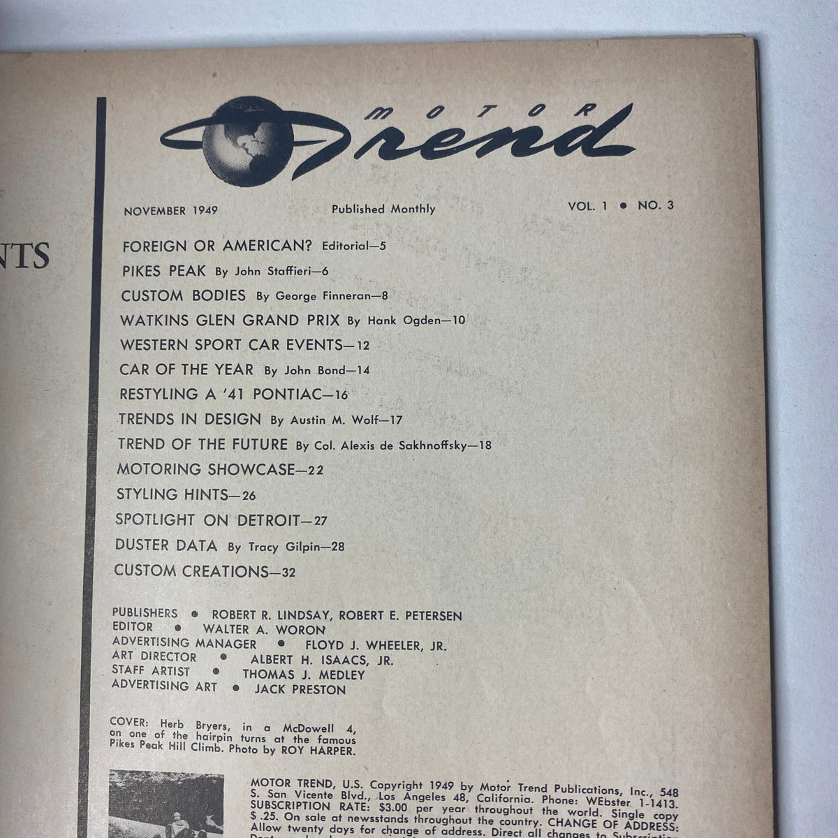 Interior page of Motor Trend Magazine November 1949, highlighting the table of contents, including articles on Pikes Peak and Watkins Glen Grand Prix.