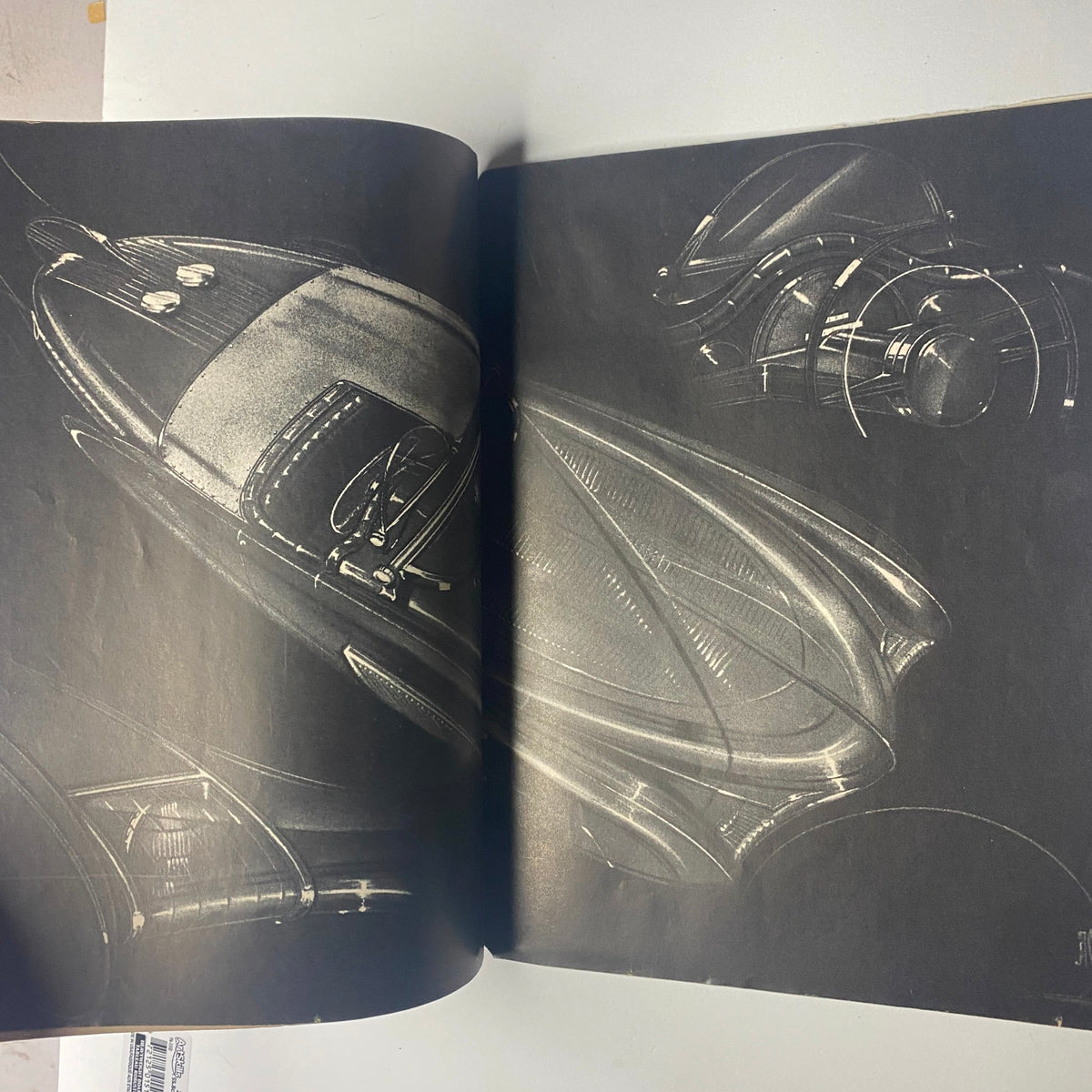 Artistic rendering from Motor Trend Magazine November 1949, featuring sketches of classic cars, illustrating the design trends of the late 1940s.