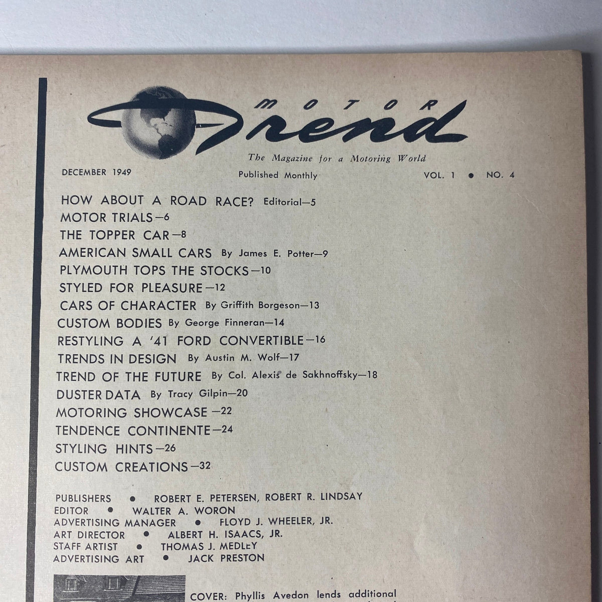 Interior page of Motor Trend Magazine December 1949, listing contents such as 'How About a Road Race?' and articles on car design and trends.