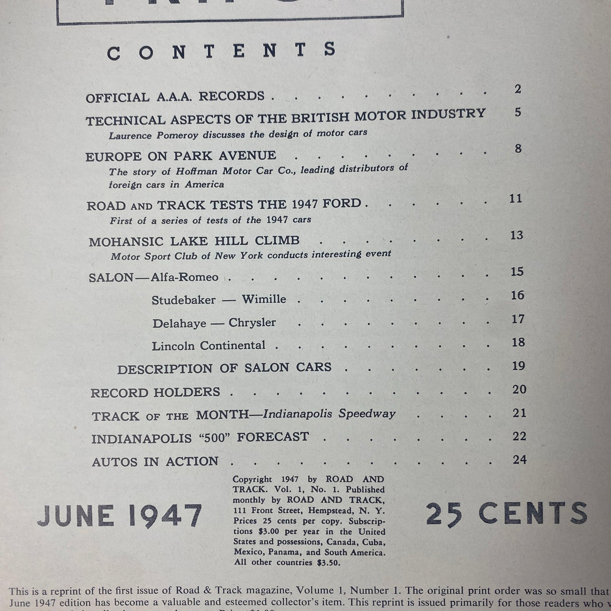 Table of contents from Road and Track Magazine June 1947, outlining key articles including 'Europe on Park Avenue' and technical assessments of the British motor industry.