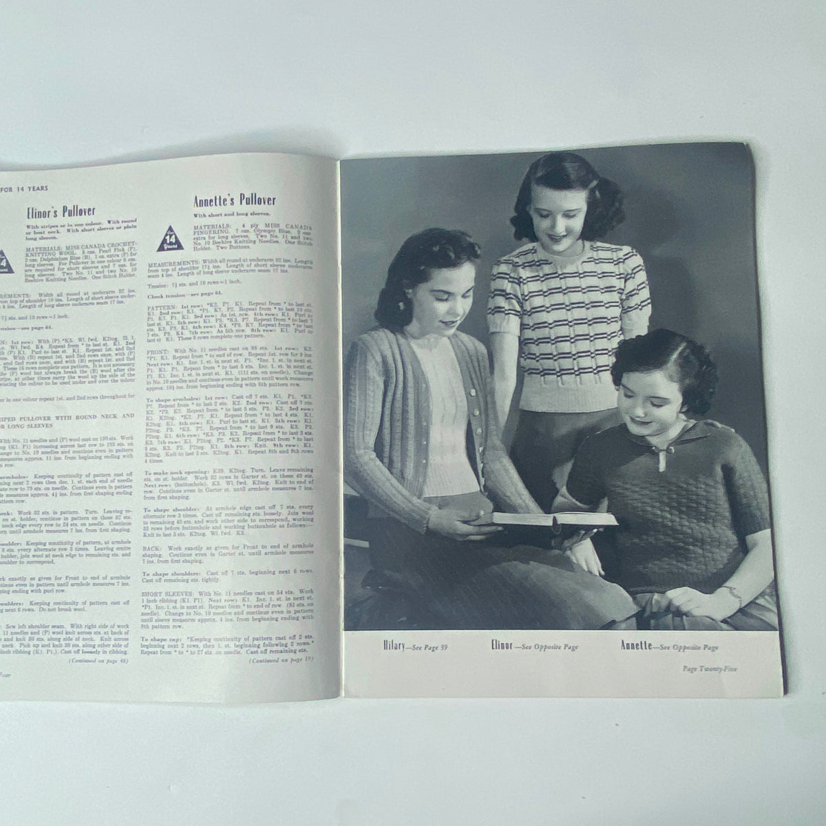Interior page from the 1940s Series No. 31 Beehive Styles for Girls and Boys Catalog, featuring three young girls in vintage knitwear, showcasing patterns like 'Eilene's Pullover' and 'Annette's.'