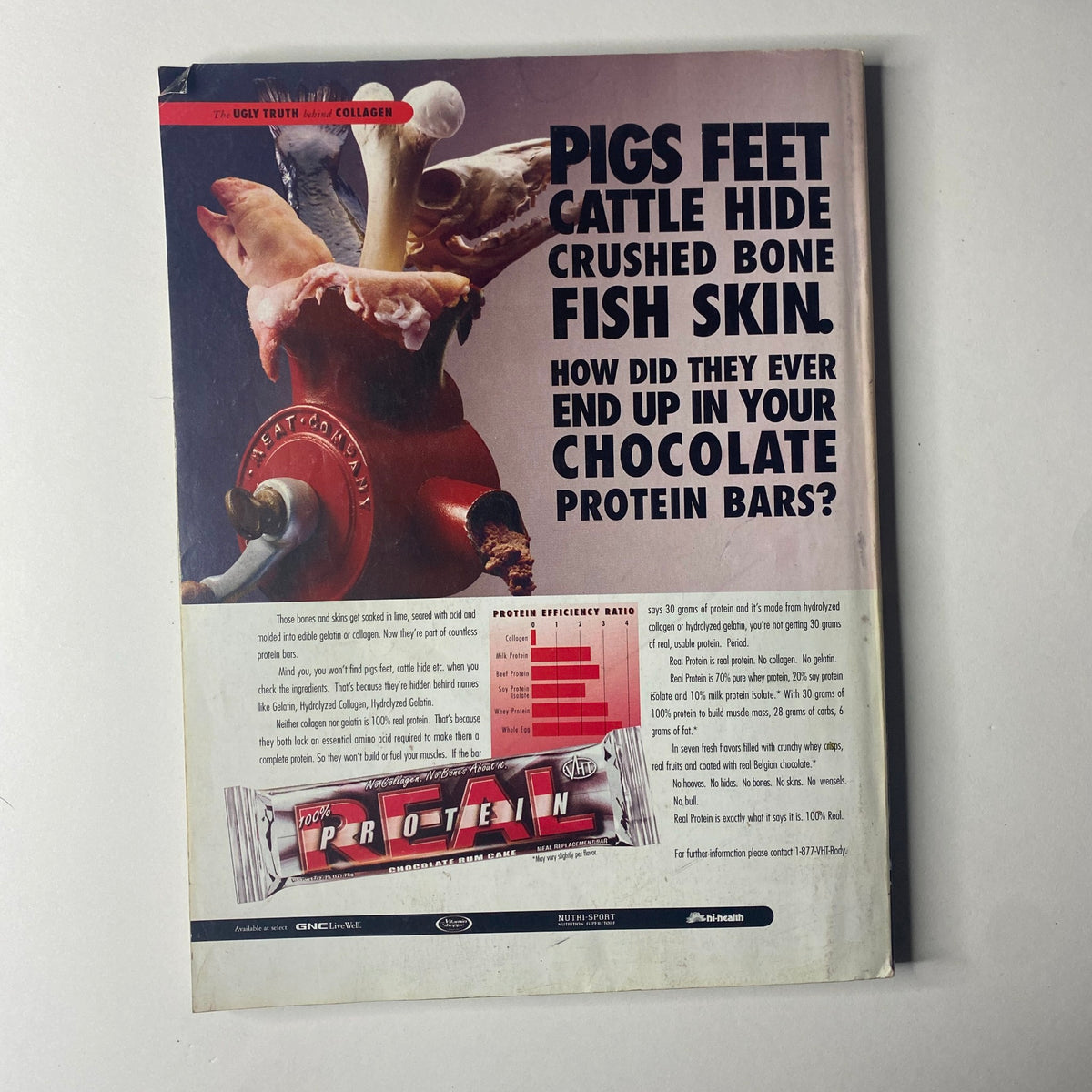 Flex Magazine November 2002 Vol 20, Num 9 back cover featuring a provocative advertisement questioning the contents of protein bars amidst a creative visual of food ingredients.