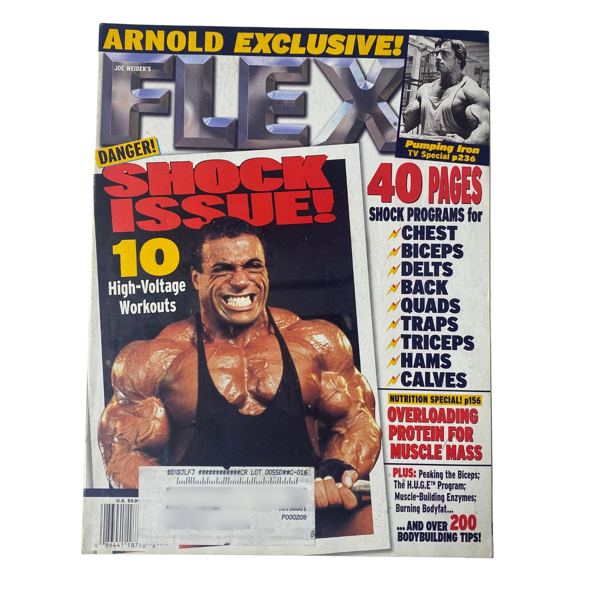 Flex Magazine December 2002, Vol 20, Num 10 featuring Dennis James on the cover, showcasing 'Shock Issue!' and highlighting bodybuilding workouts.