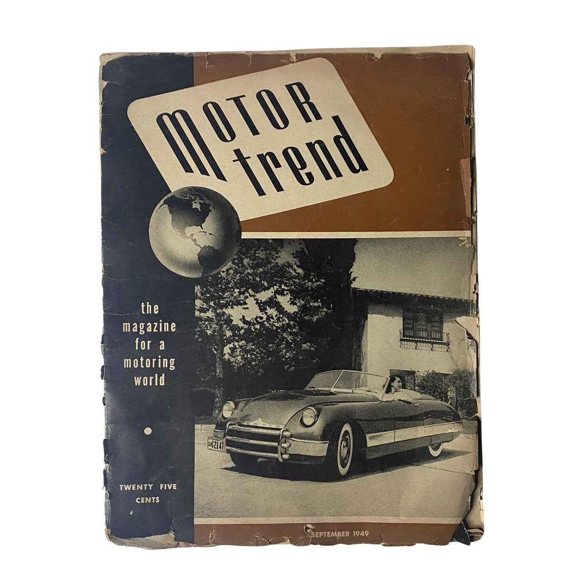 Cover of Motor Trend Magazine September 1949 featuring the iconic Kurtis Sport Car. The magazine is labeled as 'the magazine for a motoring world' with the date and price prominently displayed. This classic issue is a collectible for automotive enthusiasts.