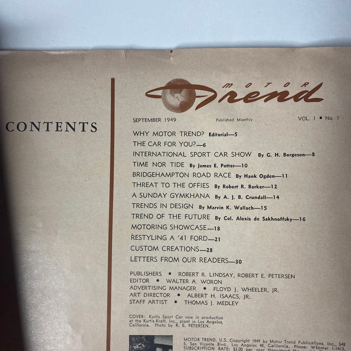 Table of contents from Motor Trend Magazine September 1949, listing articles such as 'Why Motor Trend?' and 'International Sport Car Show,' on the cover featuring the Kurtis Sport Car.