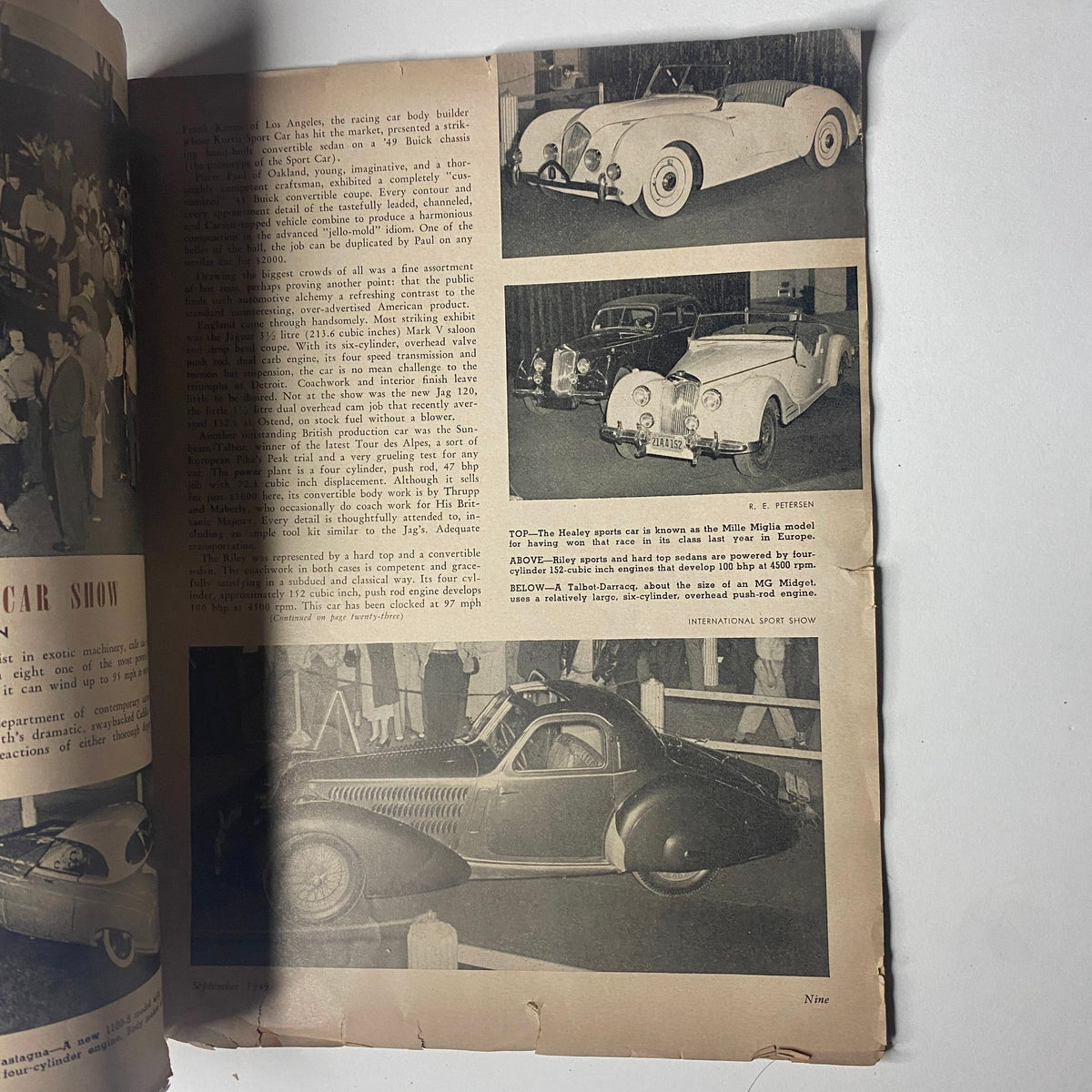 Interior pages of Motor Trend Magazine September 1949 displaying images from the International Sport Car Show, featuring the Kurtis Sport Car, along with other vintage cars.