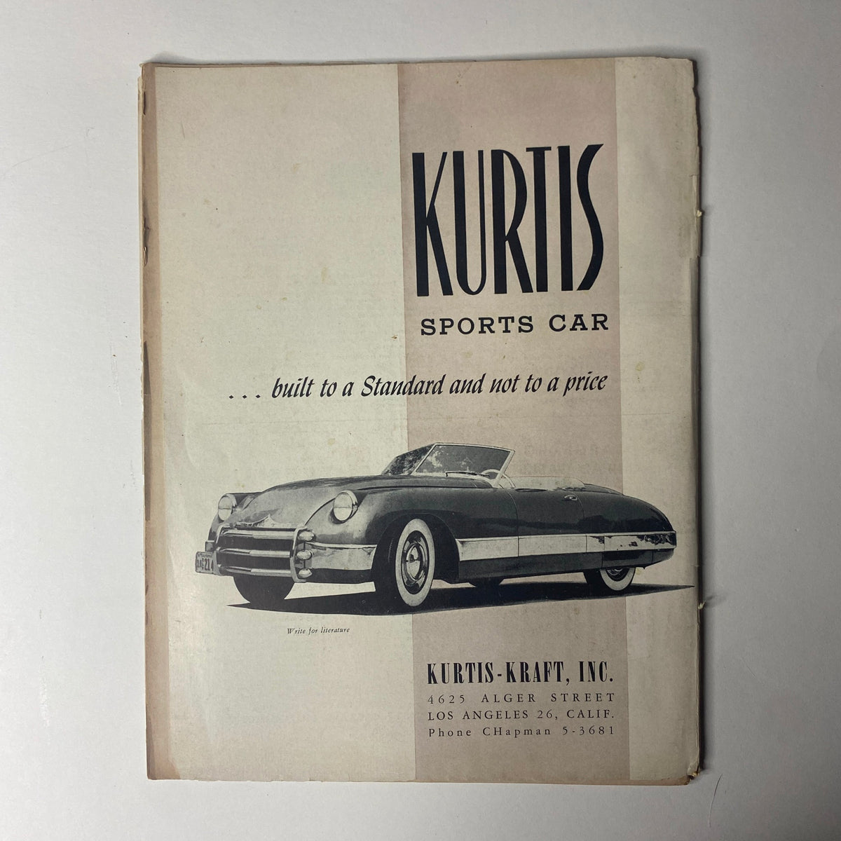 Ad for Kurtis Sports Car featured in Motor Trend Magazine November 1949, emphasizing the car's unique design and features.